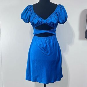 Princess Polly Nakita Cut Out Puff Sleeve Mini Dress Sz 6 Blue Satin